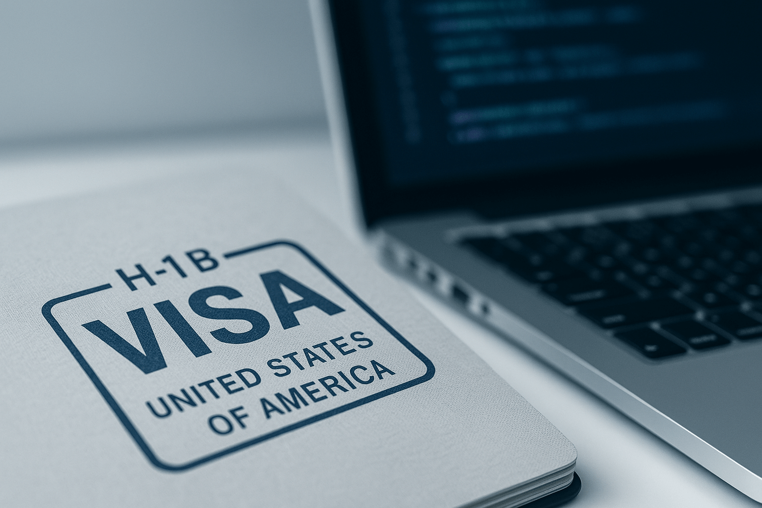 H-1B visa document and laptop with code, illustrating changes in U.S. hiring policies and immigration programs